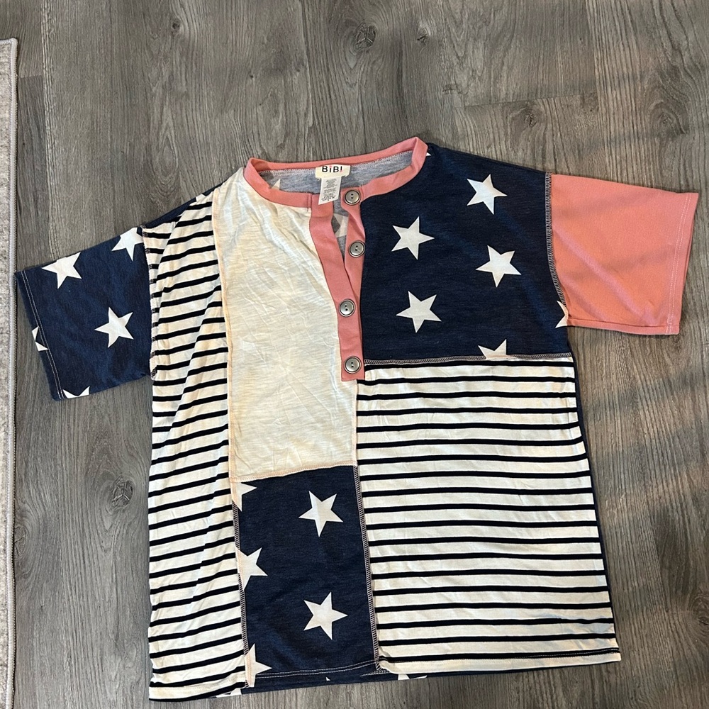 NEW BIBI Oversized Women’s Small Patchwork Star & Stripe Tee Navy, White & Pink